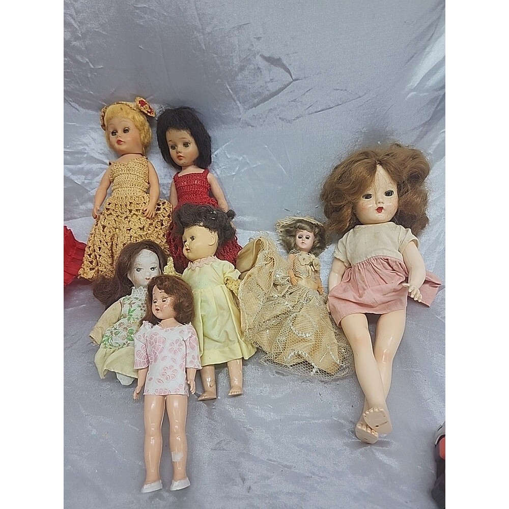lot of 7 antique Hard Plastic, ceramic, composit Dolls Sleeping Eyes 6-11 Inches